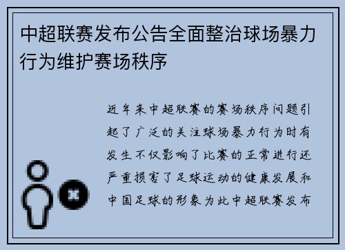 中超联赛发布公告全面整治球场暴力行为维护赛场秩序