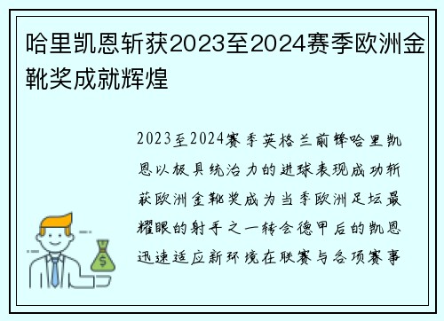 哈里凯恩斩获2023至2024赛季欧洲金靴奖成就辉煌