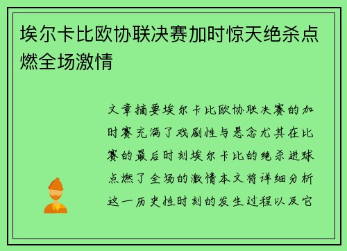 埃尔卡比欧协联决赛加时惊天绝杀点燃全场激情